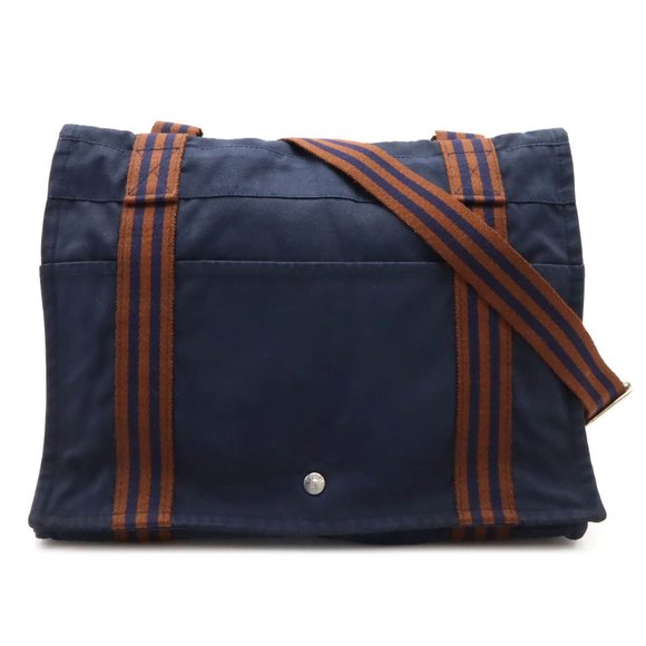 HERMES Hermes Foultou Bassus MM Shoulder Bag Canvas Navy Blue Brown - Picture 1 of 9